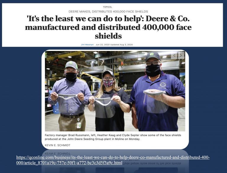 Deere and Co manufacture and distribute 400,000 face masks